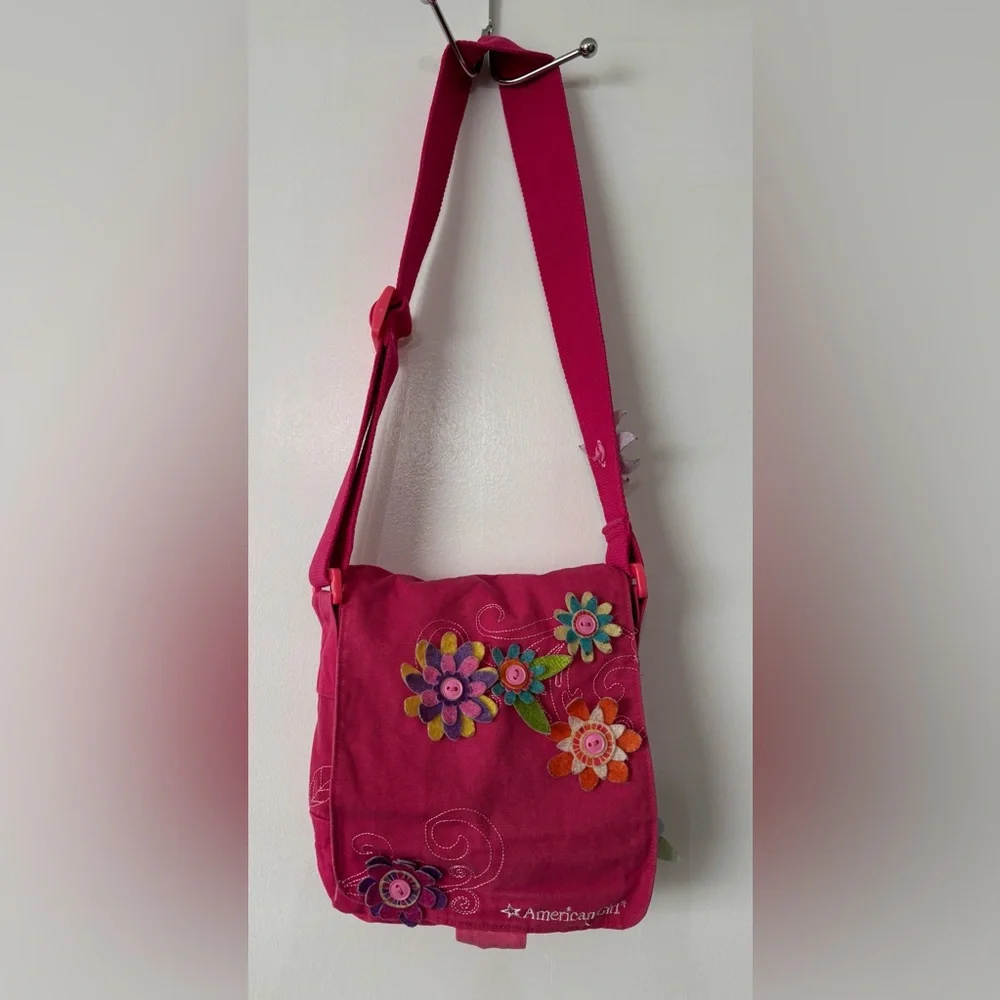American Girl Pink Embroidered Cotton Canvas Fabric Crossbody Messenger Bag